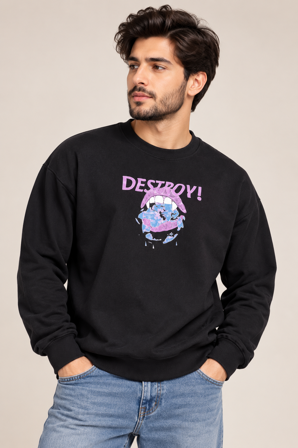SHEIN Men’s Black DESTROY Graphic Sweatshirt in UK Size XL. A stylish crew neck sweatshirt with bold graphic print and relaxed streetwear look.