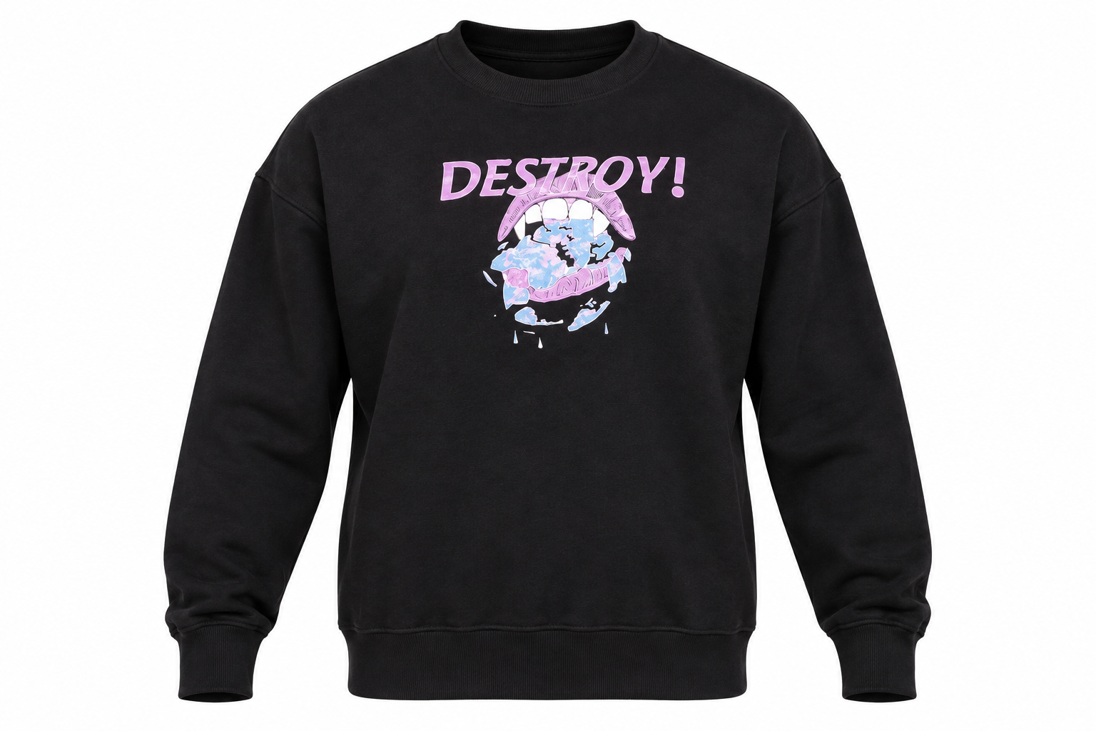 SHEIN Men’s Black DESTROY Graphic Sweatshirt in UK Size XL. A stylish crew neck sweatshirt with bold graphic print and relaxed streetwear look.