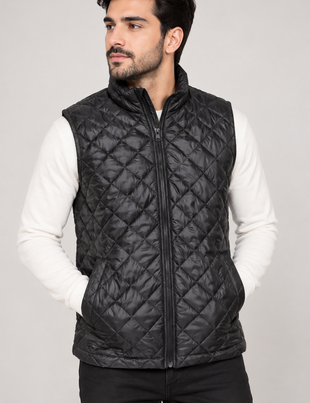 SHEIN Men’s Black Quilted Puffer Gilet in UK Size XL. Stylish sleeveless zip vest with diamond quilting, ideal for casual winter layering.