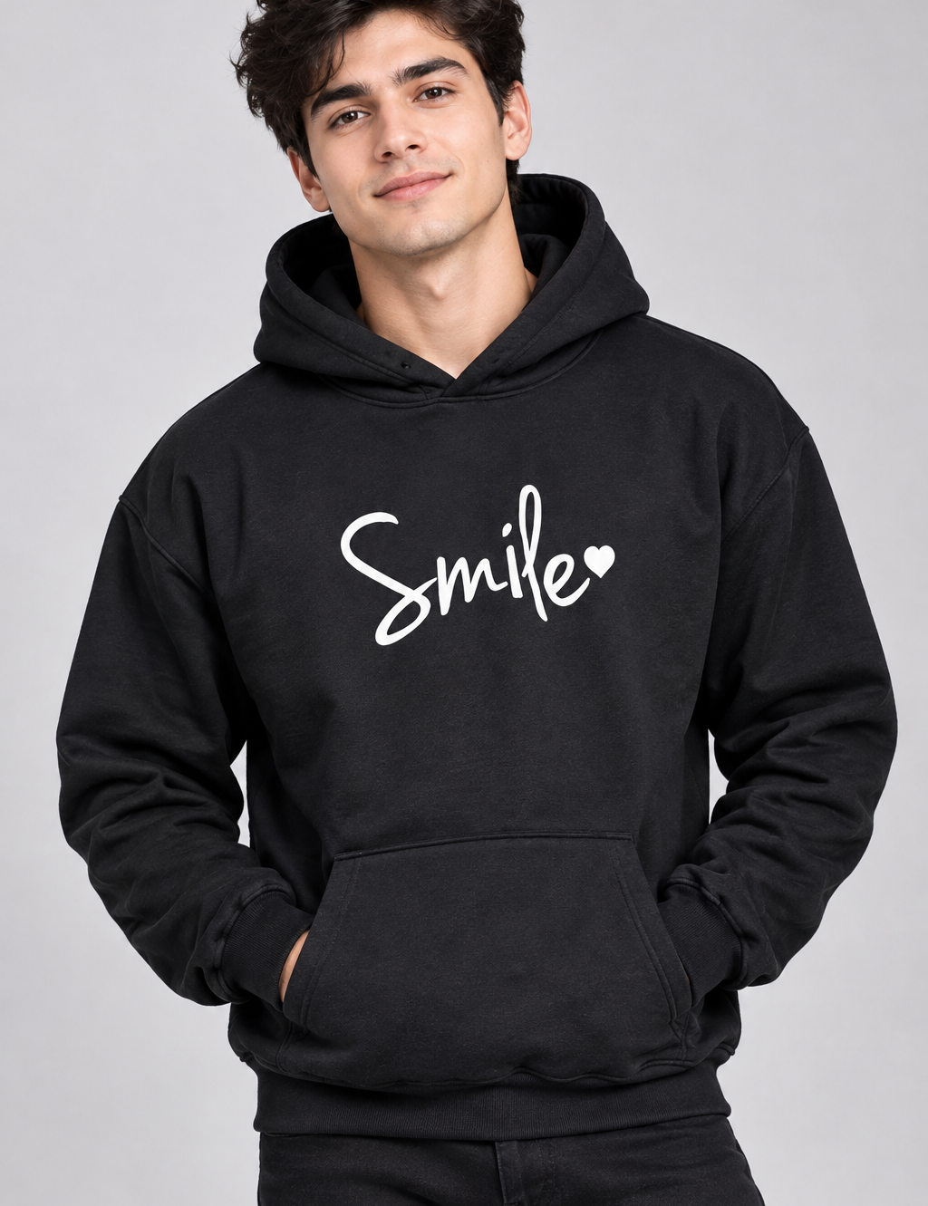  SHEIN Men’s Black “Smile” Graphic Hoodie in UK Size L. Stylish casual hoodie with hood, kangaroo pocket, long sleeves and statement front print.
