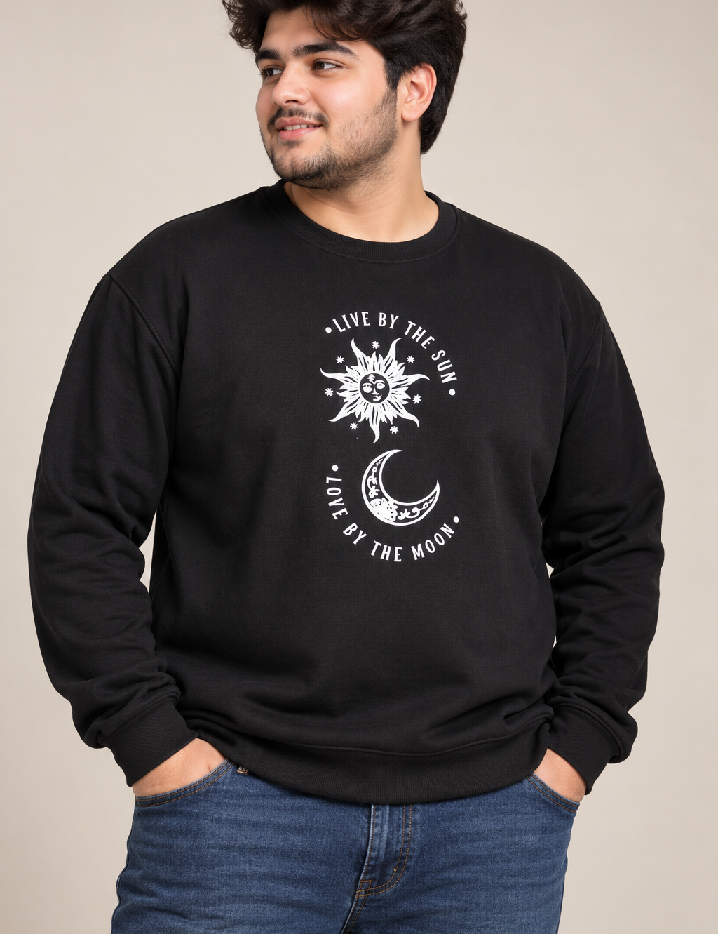  SHEIN men’s black Sun & Moon graphic sweatshirt in UK Size 2XL. Stylish crew neck pullover with long sleeves and celestial print.