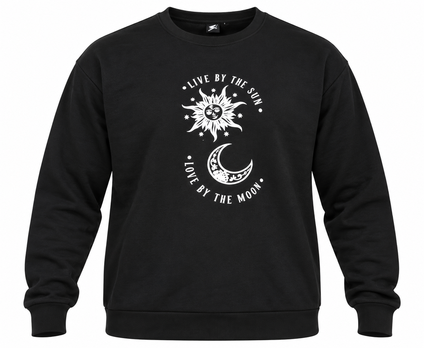  SHEIN men’s black Sun & Moon graphic sweatshirt in UK Size 2XL. Stylish crew neck pullover with long sleeves and celestial print.