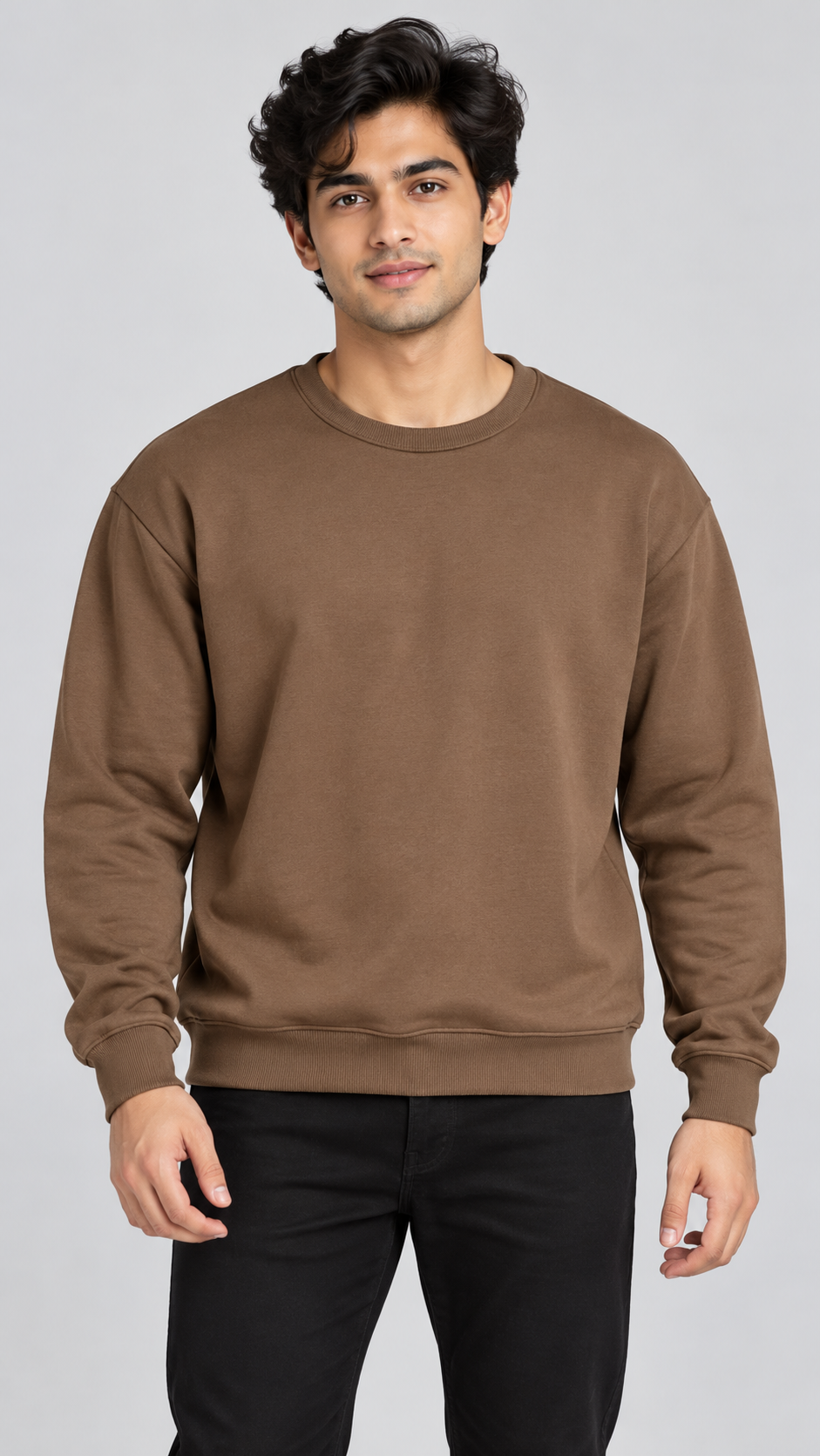 SHEIN men’s brown crew neck sweatshirt in UK size S, featuring long sleeves, dropped shoulders and ribbed trims for everyday casual styling.