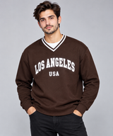 SHEIN Men Brown Los Angeles USA V-Neck Sweatshirt