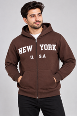 SHEIN Men Brown New York Printed Zip-Up Hoodie