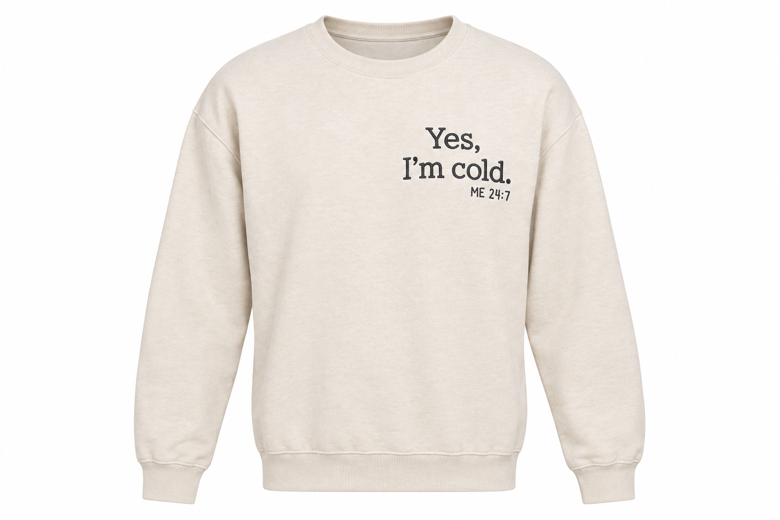  SHEIN men’s cream sweatshirt in UK XL featuring a “Yes, I’m cold.” print, classic crew neck, long sleeves and comfortable casual styling.