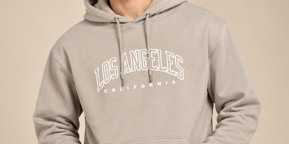 SHEIN Men’s Los Angeles California beige pullover hoodie in UK Size L. Stylish casual hoodie with kangaroo pocket, hood and graphic front design.
