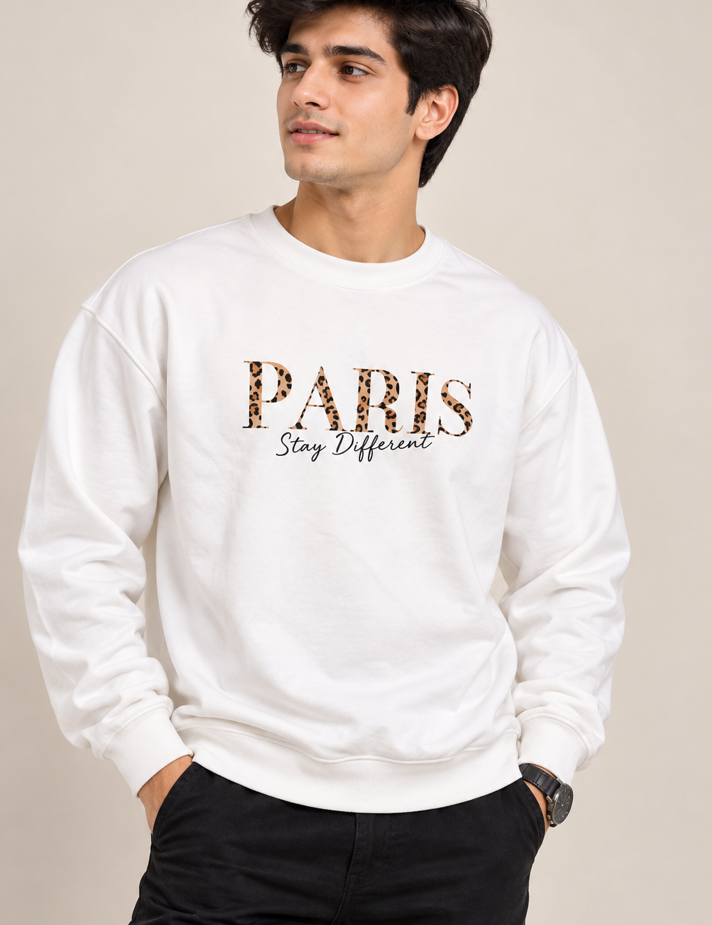  SHEIN Men’s White PARIS Graphic Sweatshirt in UK Size XL. Stylish crew neck pullover with leopard-print lettering, perfect for casual wear.