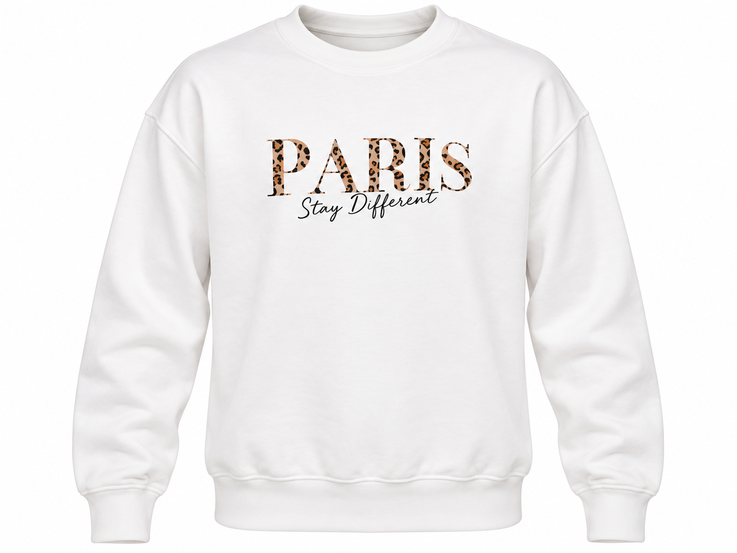  SHEIN Men’s White PARIS Graphic Sweatshirt in UK Size XL. Stylish crew neck pullover with leopard-print lettering, perfect for casual wear.