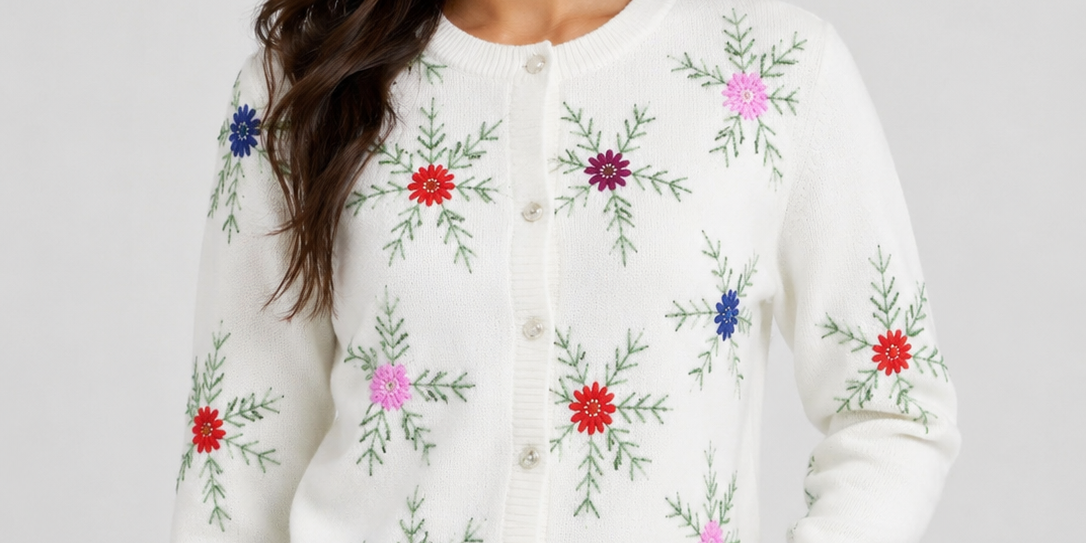   SHEIN White Floral Embroidered Cropped Cardigan in UK XL. Stylish button-front knit design with colourful floral embroidery, perfect for casual women's outfits.