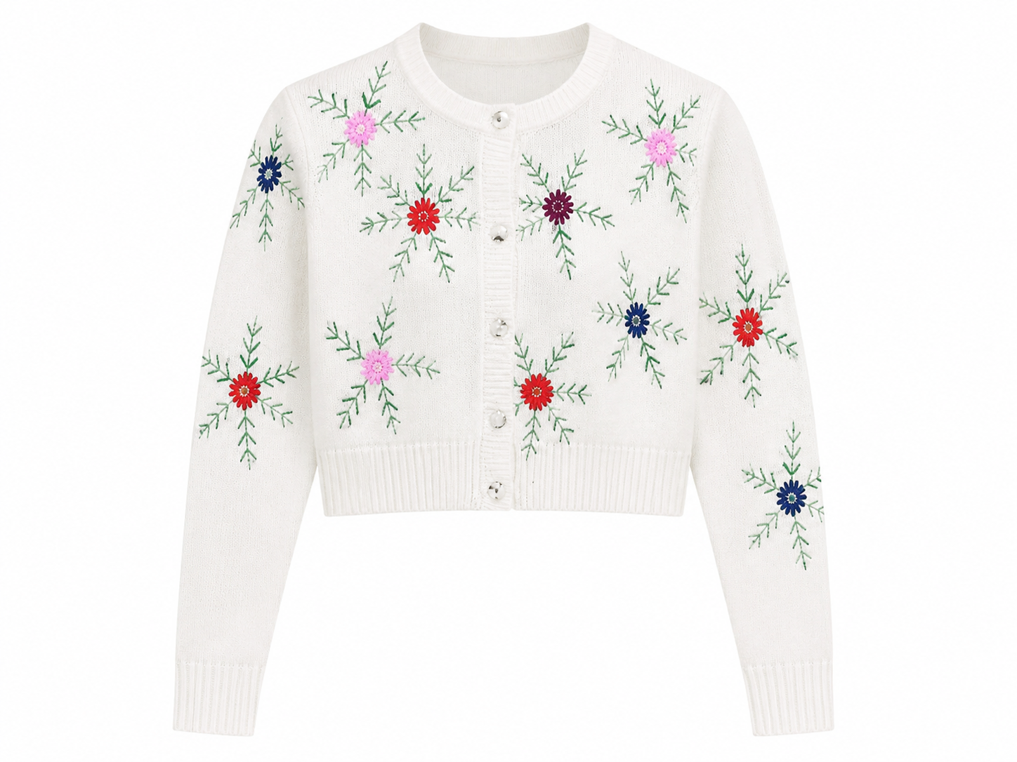   SHEIN White Floral Embroidered Cropped Cardigan in UK XL. Stylish button-front knit design with colourful floral embroidery, perfect for casual women's outfits.