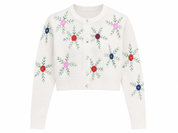   SHEIN White Floral Embroidered Cropped Cardigan in UK XL. Stylish button-front knit design with colourful floral embroidery, perfect for casual women's outfits.