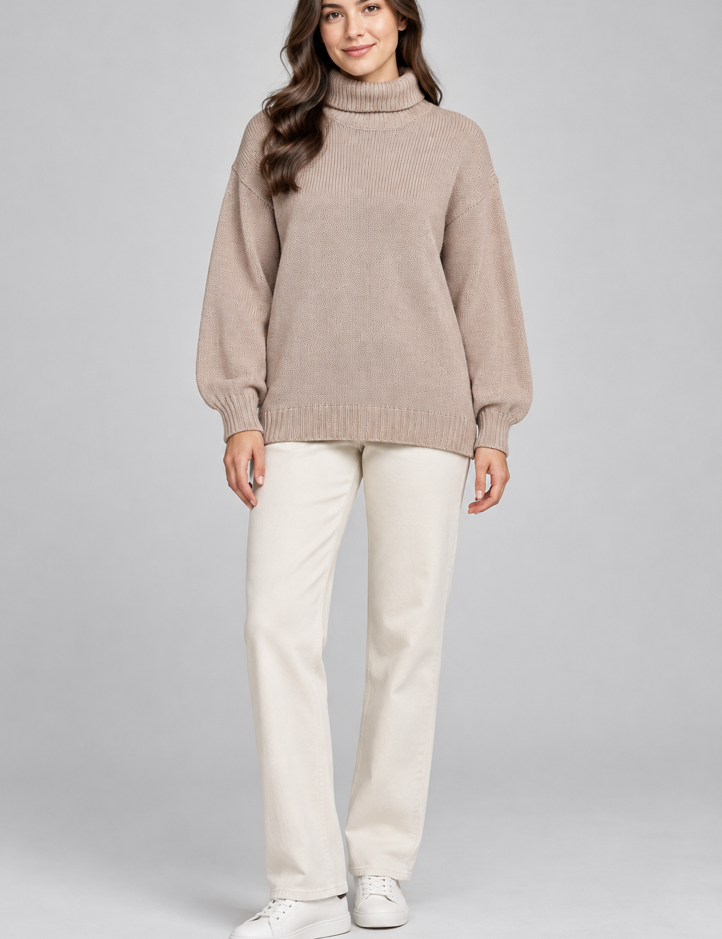   SHEIN women’s beige knit turtleneck jumper in UK size M. Soft balloon sleeves, cozy knit fabric, and a stylish relaxed fit.