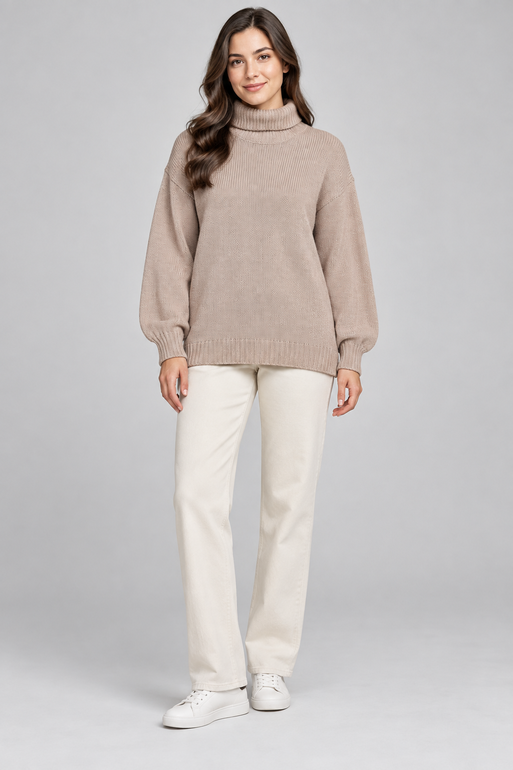   SHEIN women’s beige knit turtleneck jumper in UK size M. Soft balloon sleeves, cozy knit fabric, and a stylish relaxed fit.