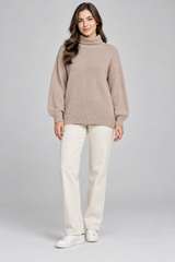 SHEIN Women Beige Knit Turtleneck Balloon Sleeve Jumper