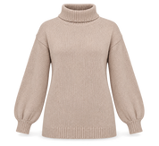   SHEIN women’s beige knit turtleneck jumper in UK size M. Soft balloon sleeves, cozy knit fabric, and a stylish relaxed fit.