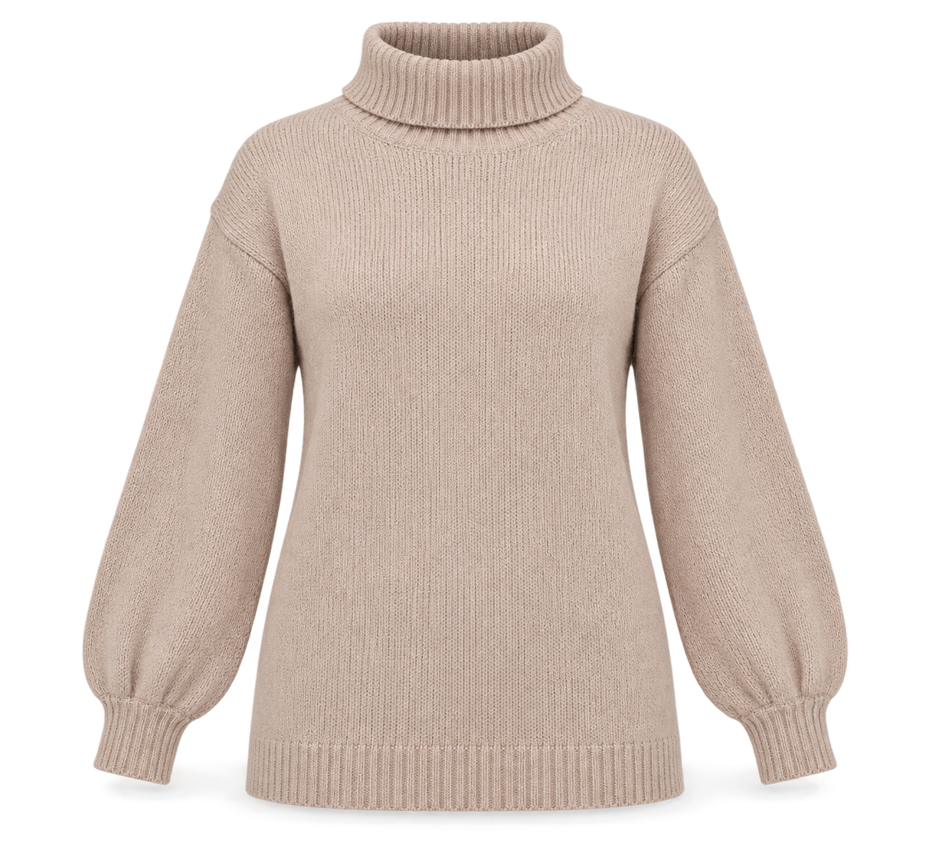   SHEIN women’s beige knit turtleneck jumper in UK size M. Soft balloon sleeves, cozy knit fabric, and a stylish relaxed fit.