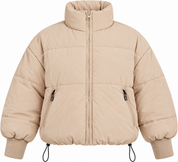  SHEIN women’s beige puffer jacket in UK Size S. Stylish padded winter jacket with high collar, zip pockets, ribbed cuffs and adjustable hem.