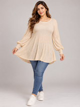SHEIN Women Beige Ribbed Knit Peplum Tunic Top with Balloon Sleeves
