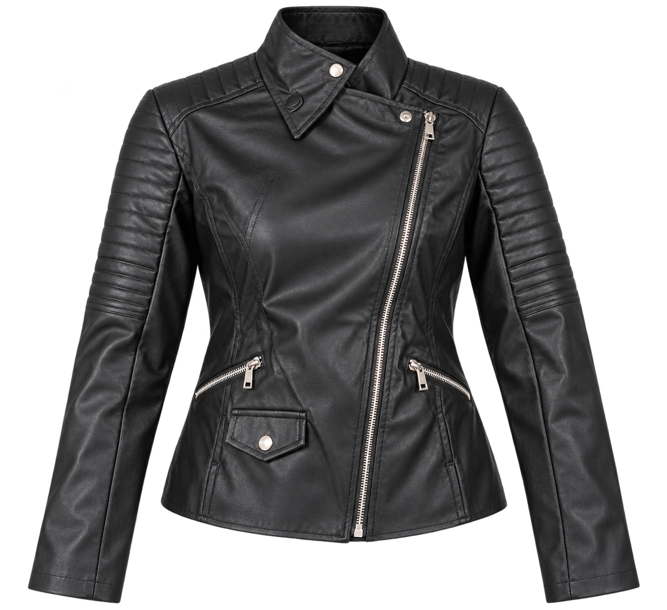  SHEIN Women’s Black Biker Jacket in UK Size M featuring an asymmetric zip, quilted detailing and stylish silver-tone hardware. A chic everyday layer.