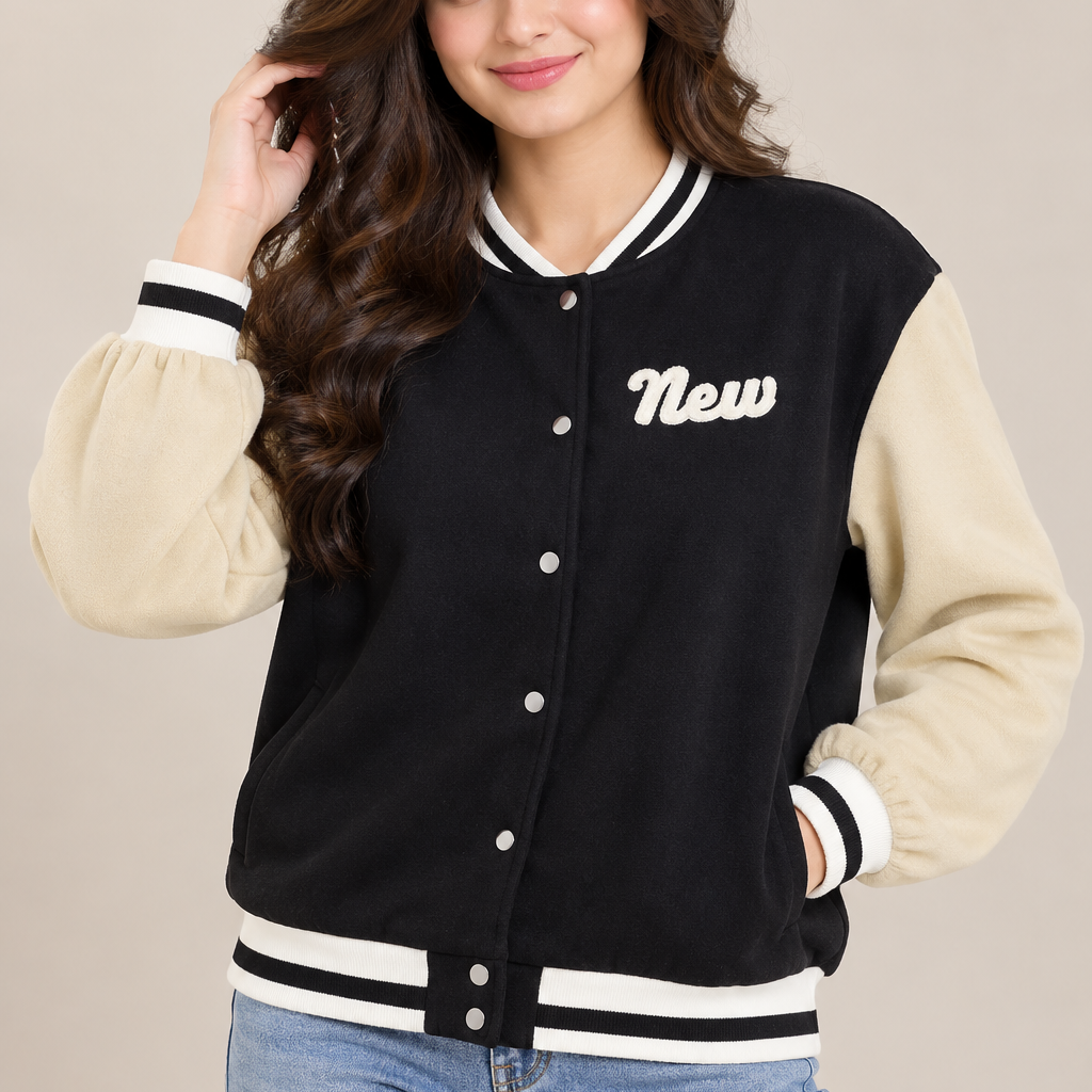 SHEIN women’s black & cream varsity jacket in UK Size XL. Stylish snap-button bomber with contrast sleeves, striped trims and casual fit.