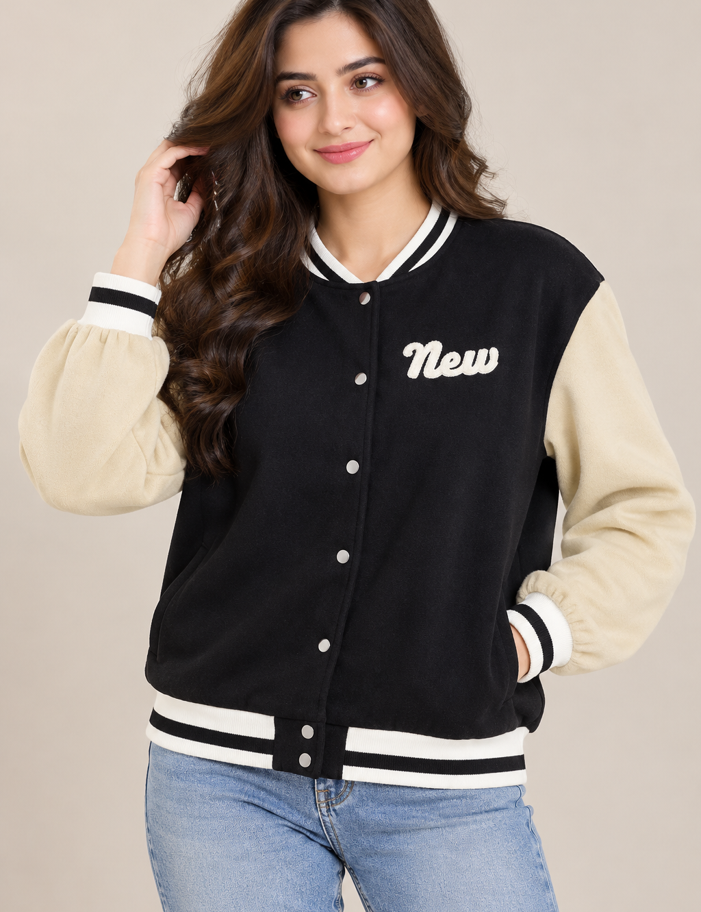SHEIN women’s black & cream varsity jacket in UK Size XL. Stylish snap-button bomber with contrast sleeves, striped trims and casual fit.