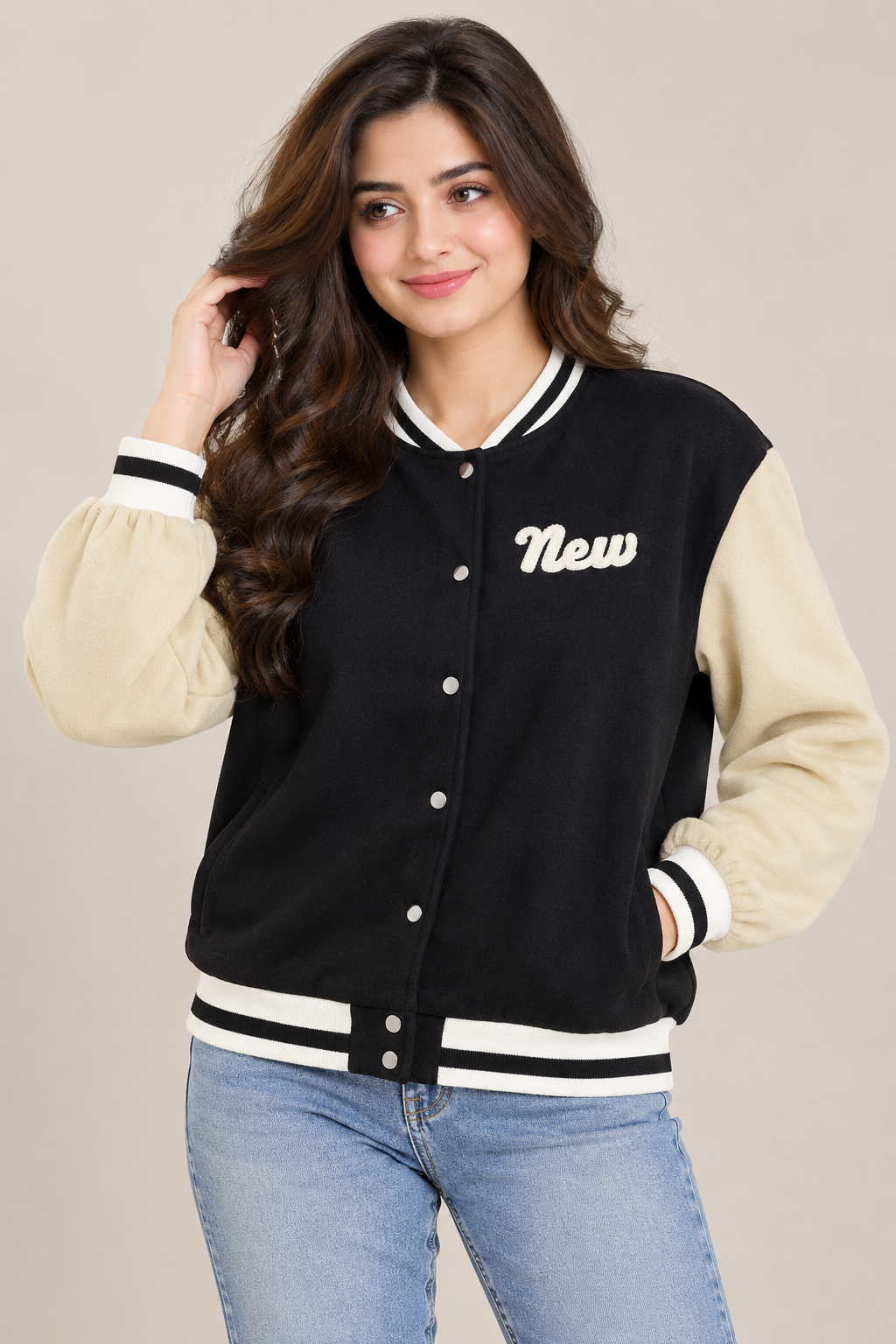 SHEIN women’s black & cream varsity jacket in UK Size XL. Stylish snap-button bomber with contrast sleeves, striped trims and casual fit.