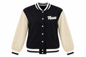 SHEIN women’s black & cream varsity jacket in UK Size XL. Stylish snap-button bomber with contrast sleeves, striped trims and casual fit.