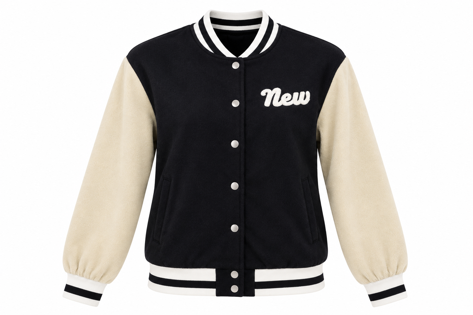 SHEIN women’s black & cream varsity jacket in UK Size XL. Stylish snap-button bomber with contrast sleeves, striped trims and casual fit.