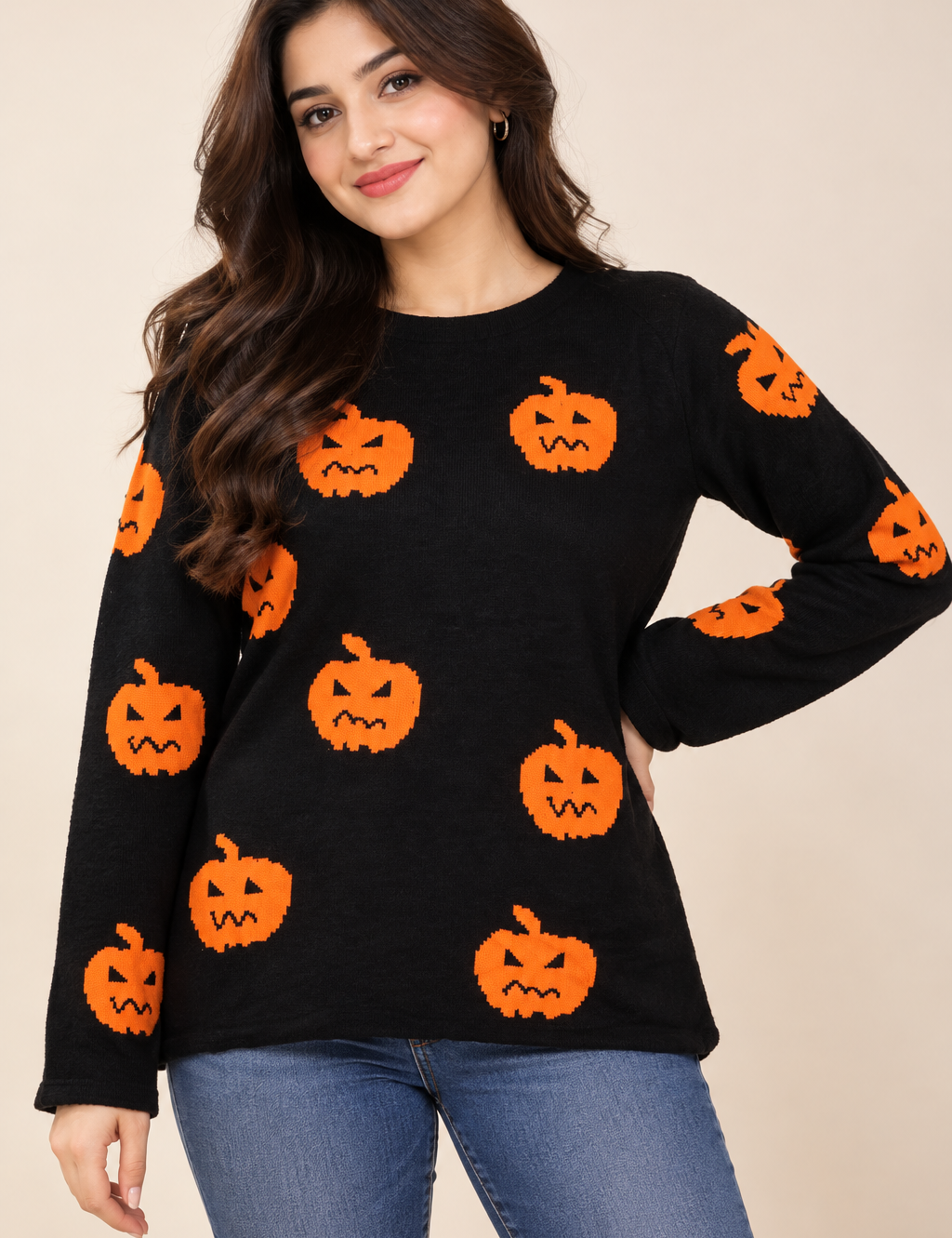 SHEIN women’s black Halloween pumpkin print sweater in UK Size L. Stylish long-sleeve crew neck design with orange jack-o’-lantern motifs.