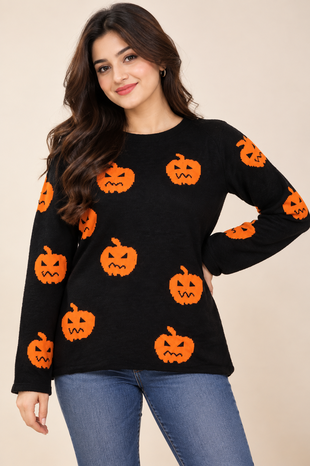 SHEIN women’s black Halloween pumpkin print sweater in UK Size L. Stylish long-sleeve crew neck design with orange jack-o’-lantern motifs.
