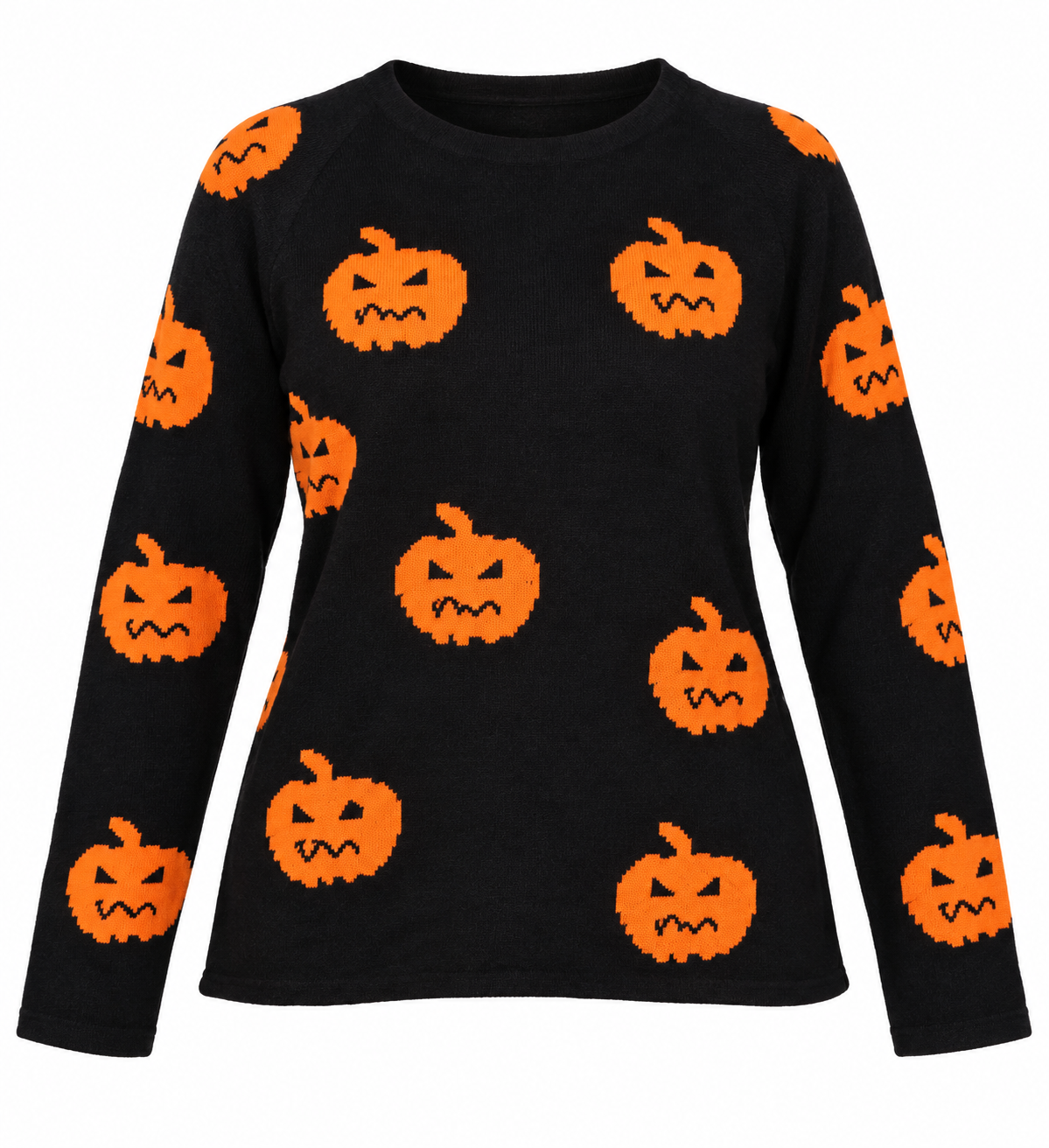 SHEIN women’s black Halloween pumpkin print sweater in UK Size L. Stylish long-sleeve crew neck design with orange jack-o’-lantern motifs.