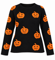 SHEIN women’s black Halloween pumpkin print sweater in UK Size L. Stylish long-sleeve crew neck design with orange jack-o’-lantern motifs.