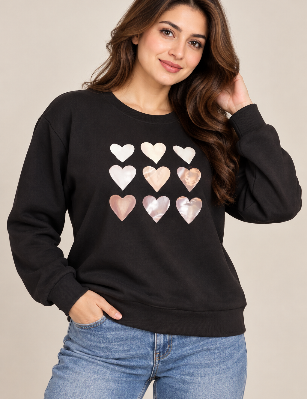  SHEIN women’s black metallic heart print sweatshirt in UK Size 2XL. Stylish crew neck, long sleeves and relaxed fit for comfortable everyday wear.