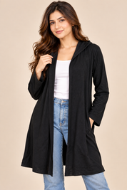 SHEIN Women’s Black Open-Front Hooded Long Cardigan in UK Size XL. A comfortable, versatile layering piece perfect for casual and everyday wear.