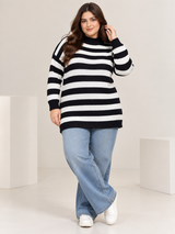 SHEIN Women Black & White Striped High Neck Longline Knitted Jumper
