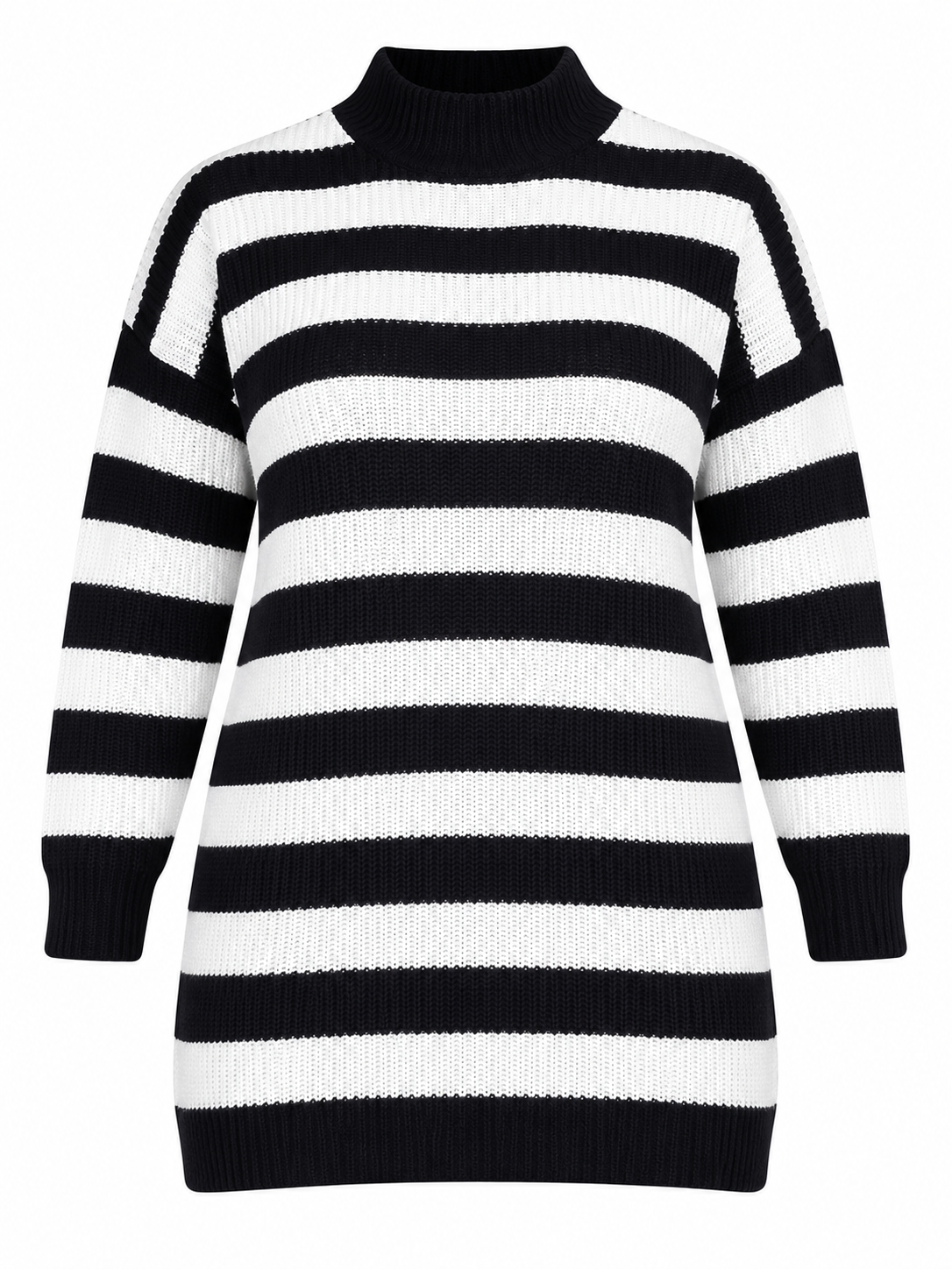 SHEIN Women's Black & White Striped Longline Knitted Jumper in UK Size 4XL. Cosy high neck, relaxed plus-size fit and stylish winter fashion.