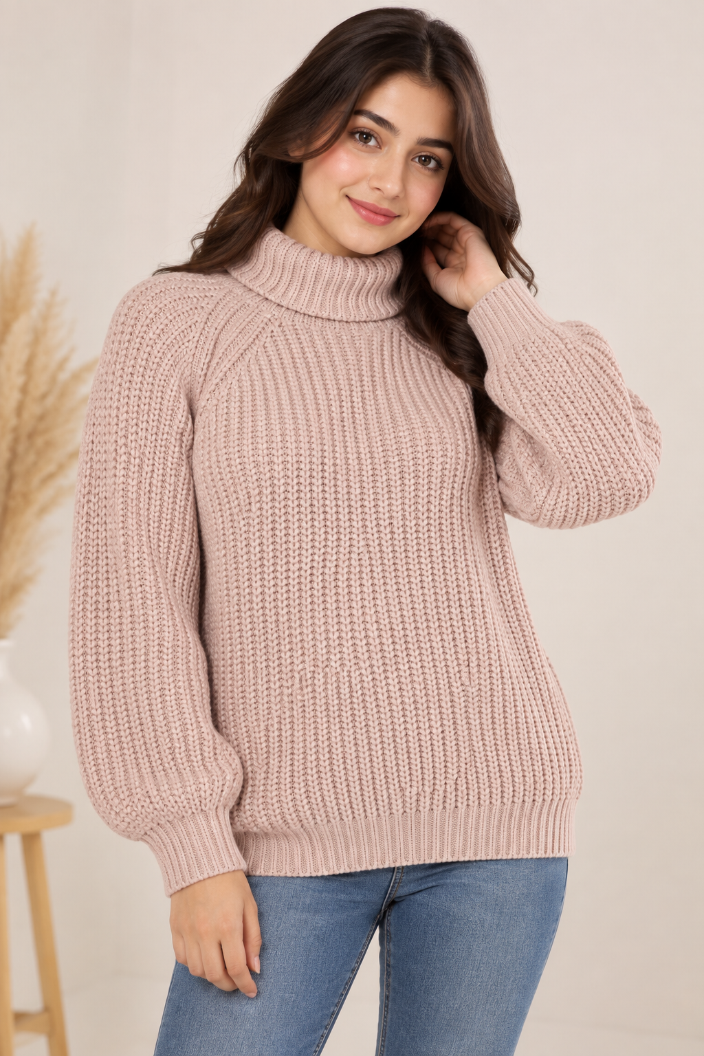 SHEIN women’s blush pink chunky knit turtleneck jumper in UK Size M. A cozy, stylish high-neck sweater perfect for autumn and winter wear.