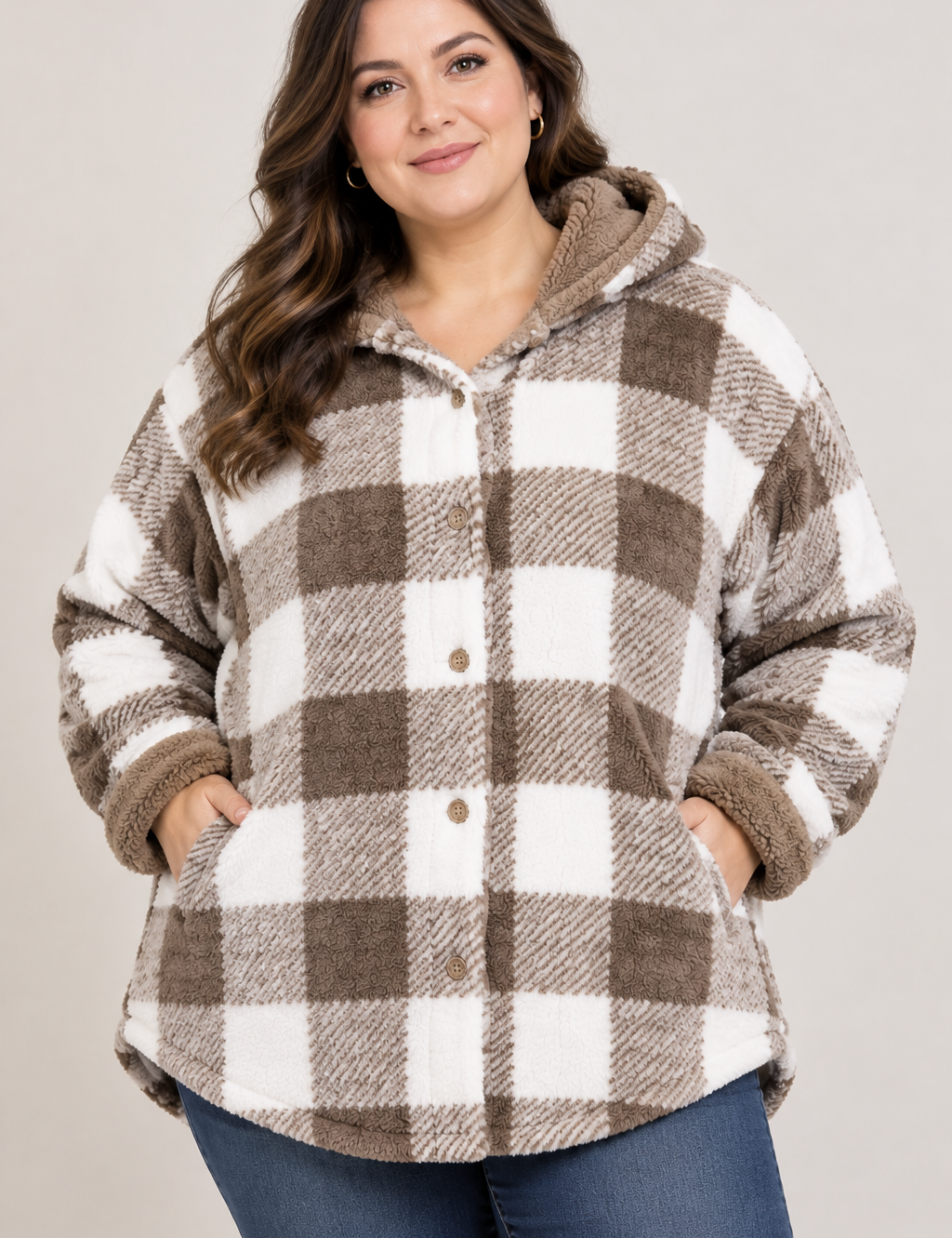  SHEIN women’s 4XL brown and cream check sherpa hooded shacket. Soft fleece texture, button front and cosy design, perfect for winter layering.