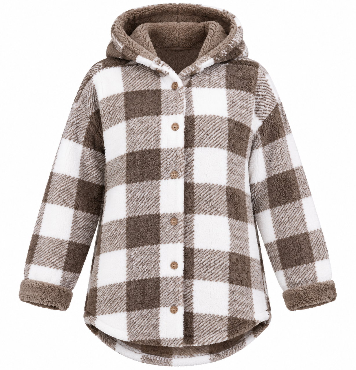  SHEIN women’s 4XL brown and cream check sherpa hooded shacket. Soft fleece texture, button front and cosy design, perfect for winter layering.