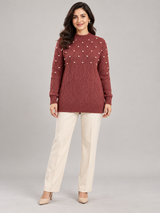 SHEIN Women Burgundy Pearl Embellished Cable Knit Jumper
