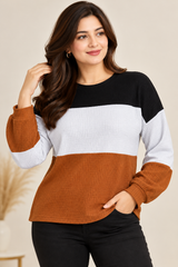 SHEIN Women Colour Block Waffle Knit Long Sleeve Top