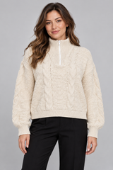 SHEIN Women Cream Cable Knit Half-Zip Sweater