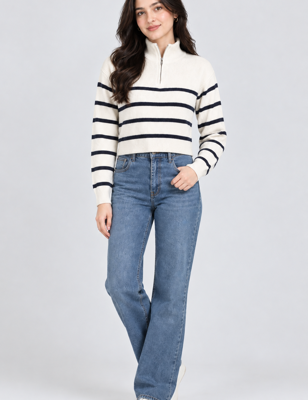 SHEIN women’s cream and navy striped half-zip knit sweater in UK Size M. Stylish ribbed design, long sleeves and high collar for versatile casual wear.