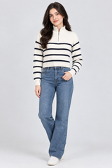 SHEIN Women Cream & Navy Striped Half-Zip Knit crop