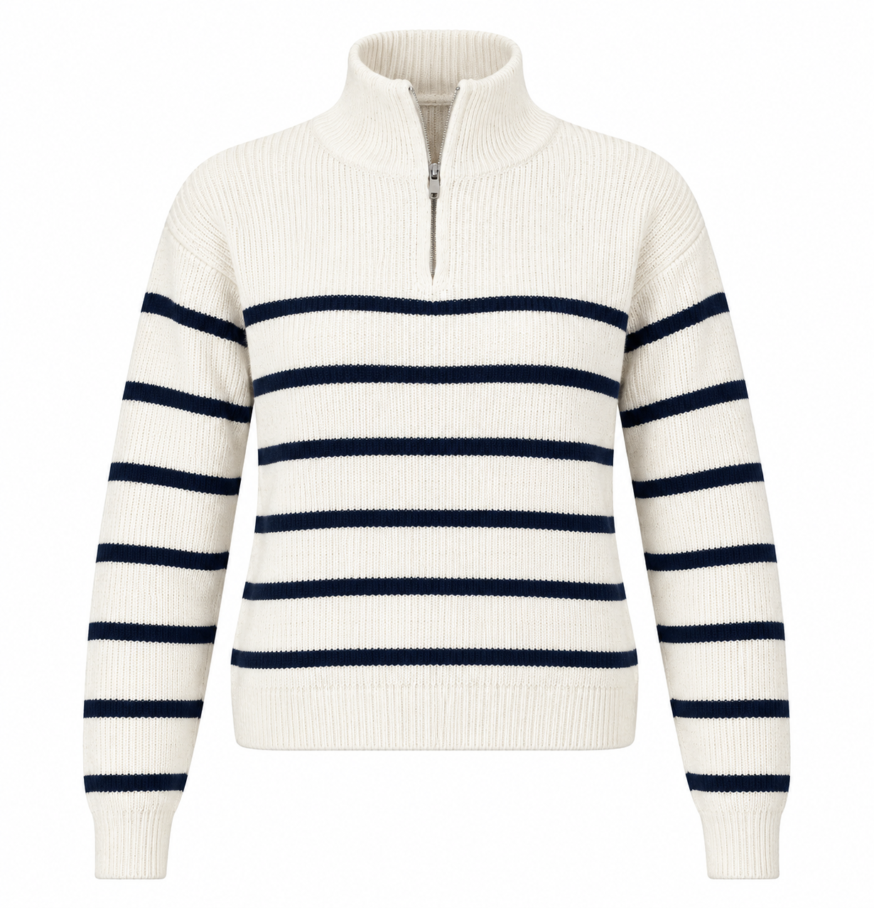 SHEIN women’s cream and navy striped half-zip knit sweater in UK Size M. Stylish ribbed design, long sleeves and high collar for versatile casual wear.