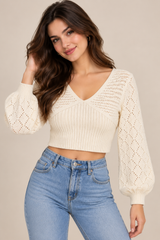 SHEIN Women Cream V-Neck Crochet Knit Cropped Sweater