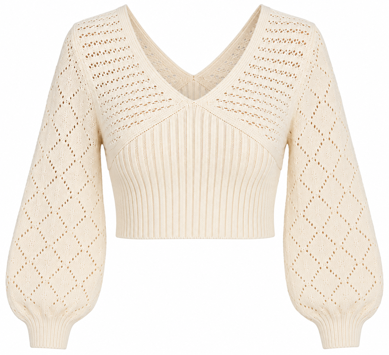  SHEIN women’s cream V-neck crochet knit cropped sweater in UK Size M. Stylish balloon sleeves, V-shaped back and elegant open-knit detailing.