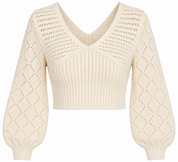  SHEIN women’s cream V-neck crochet knit cropped sweater in UK Size M. Stylish balloon sleeves, V-shaped back and elegant open-knit detailing.
