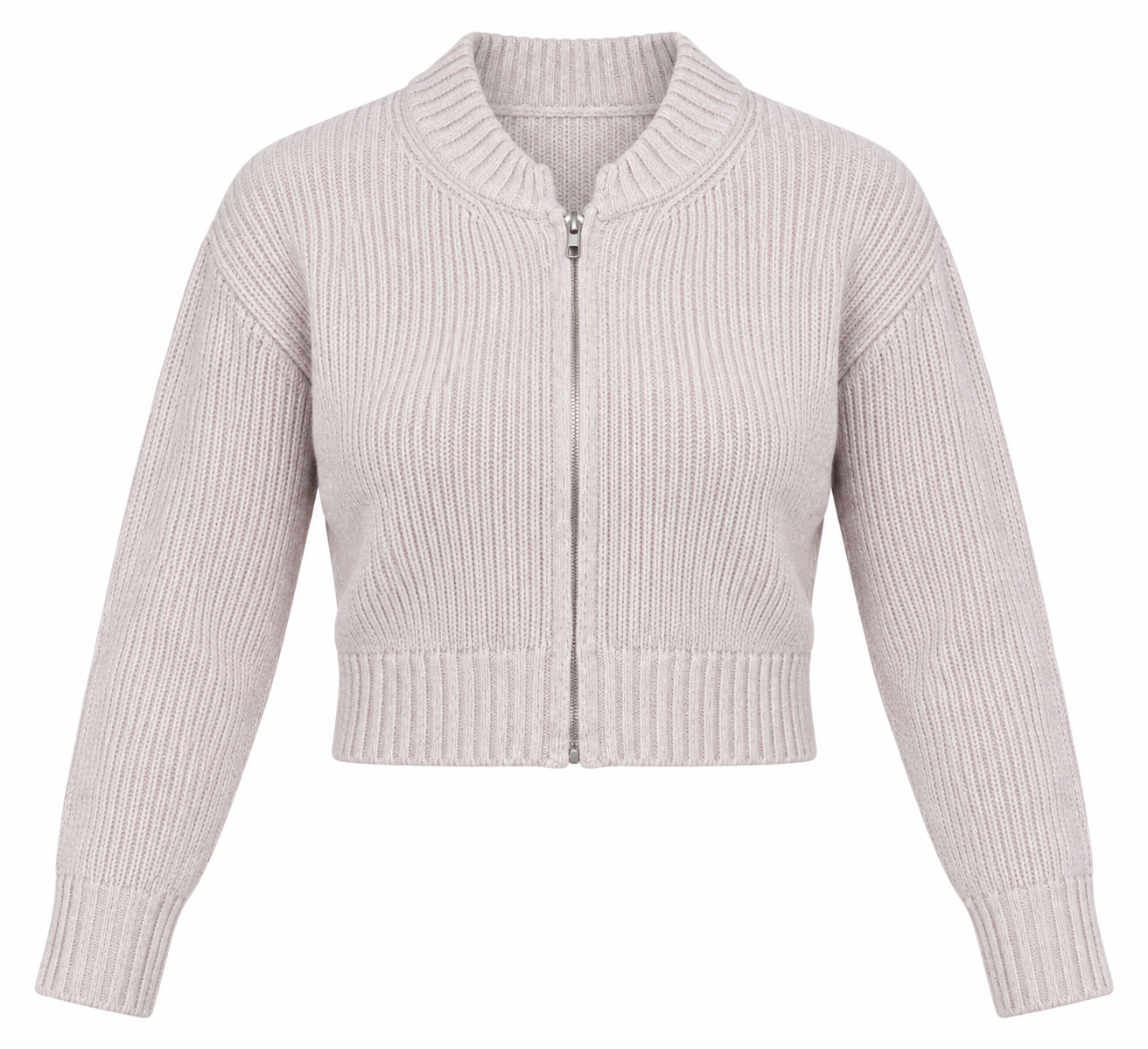  SHEIN women’s cropped ribbed zip-up knit cardigan in UK Size M. Stylish light beige long-sleeve knitwear, perfect for casual layering.